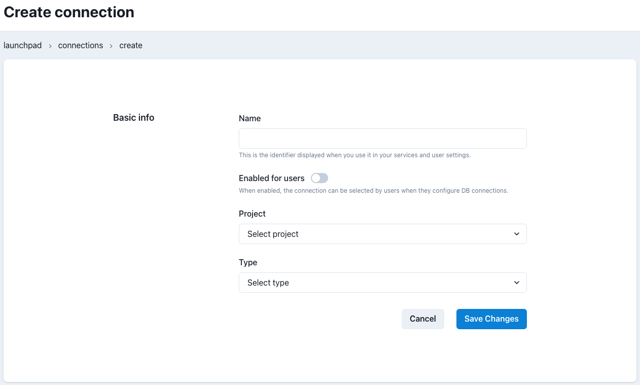 Connections Create or Edit Page