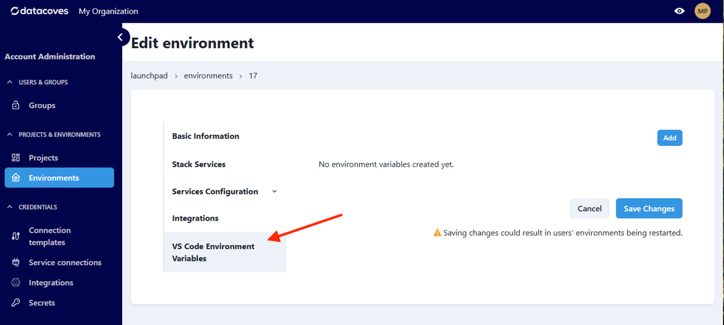 Environment variables menu
