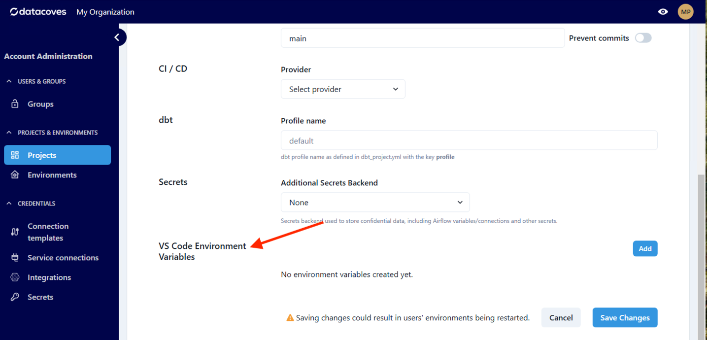 Environment variables menu