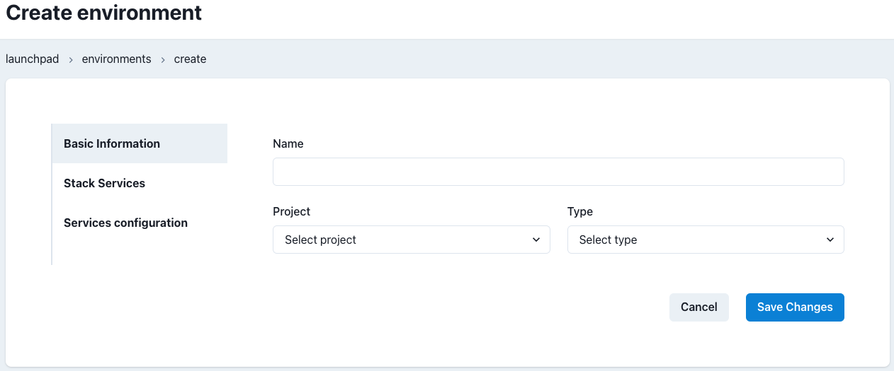Environments Create or Edit Page