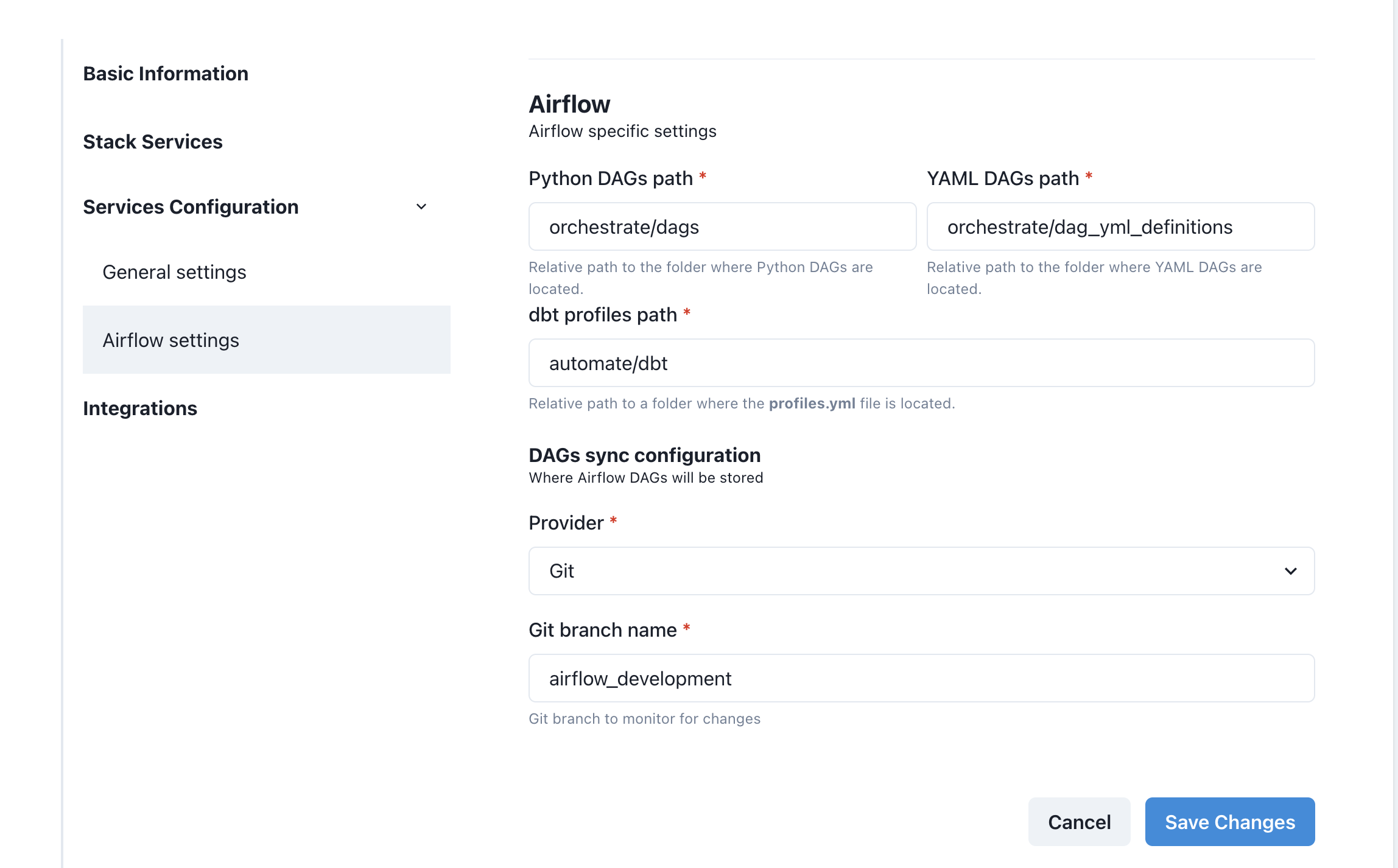 Environments Create or Edit Services Configuration