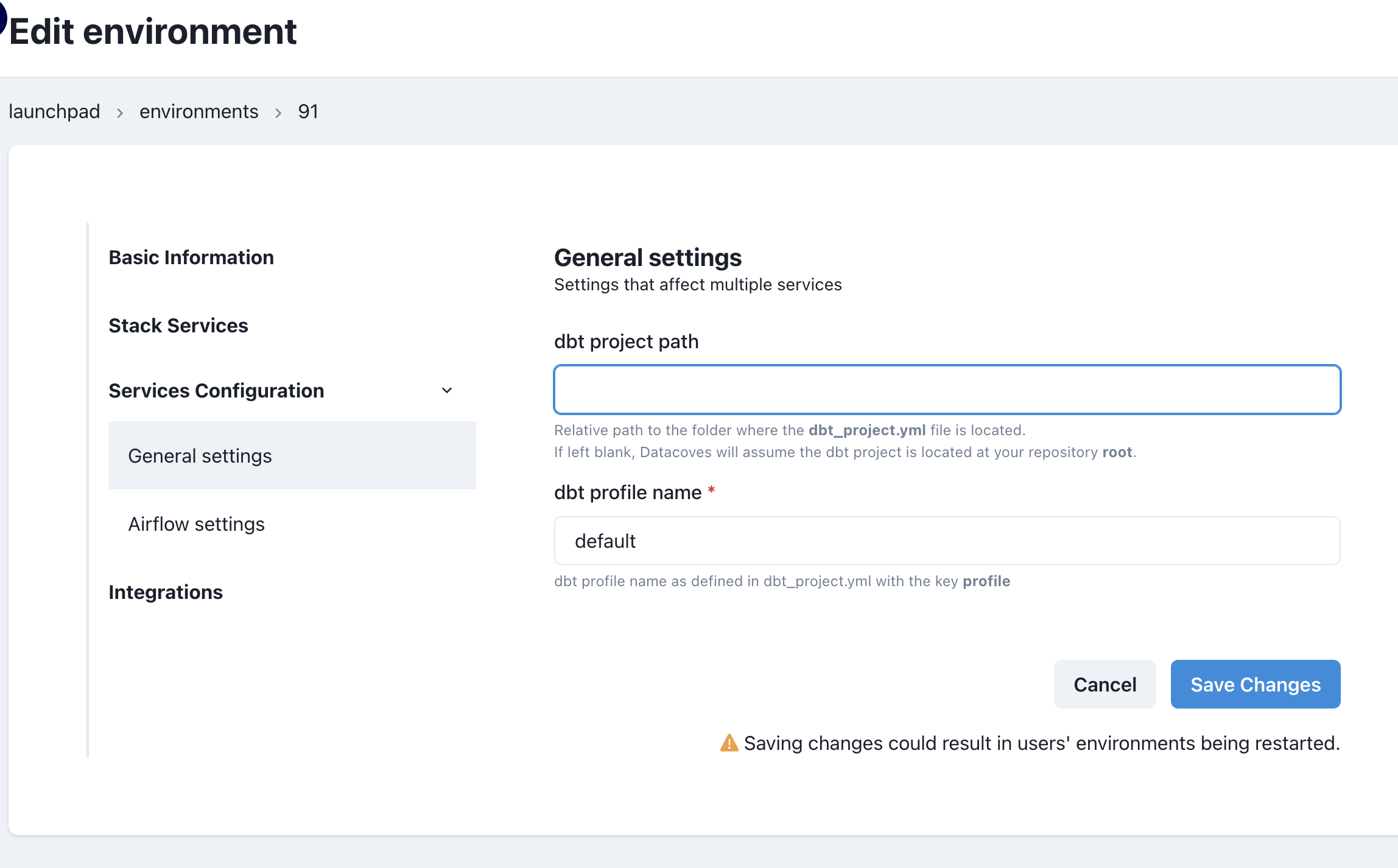 Environments Create or Edit Services Configuration