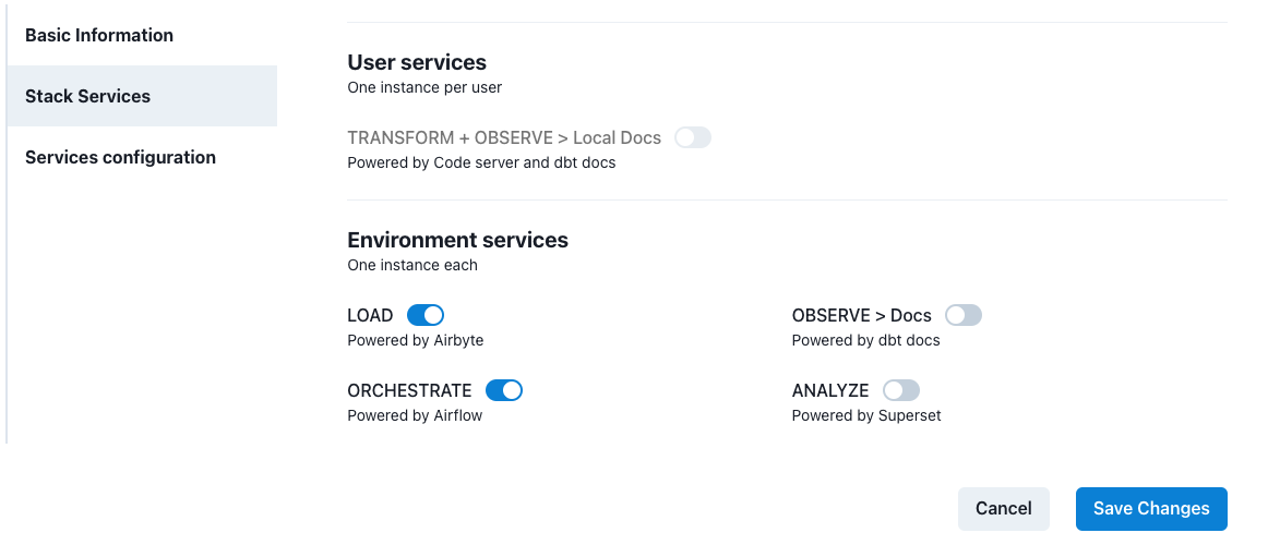 Environments Create or Edit Stack Services