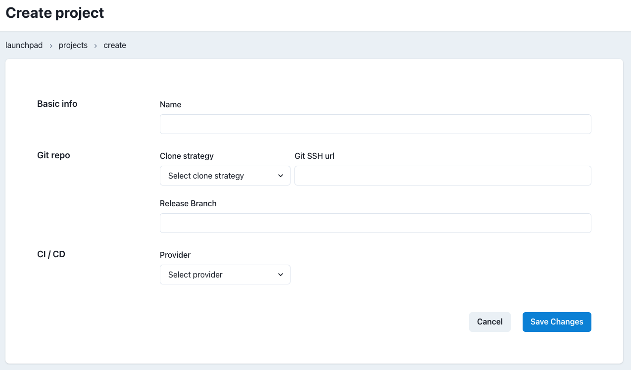 Projects Create or Edit Page