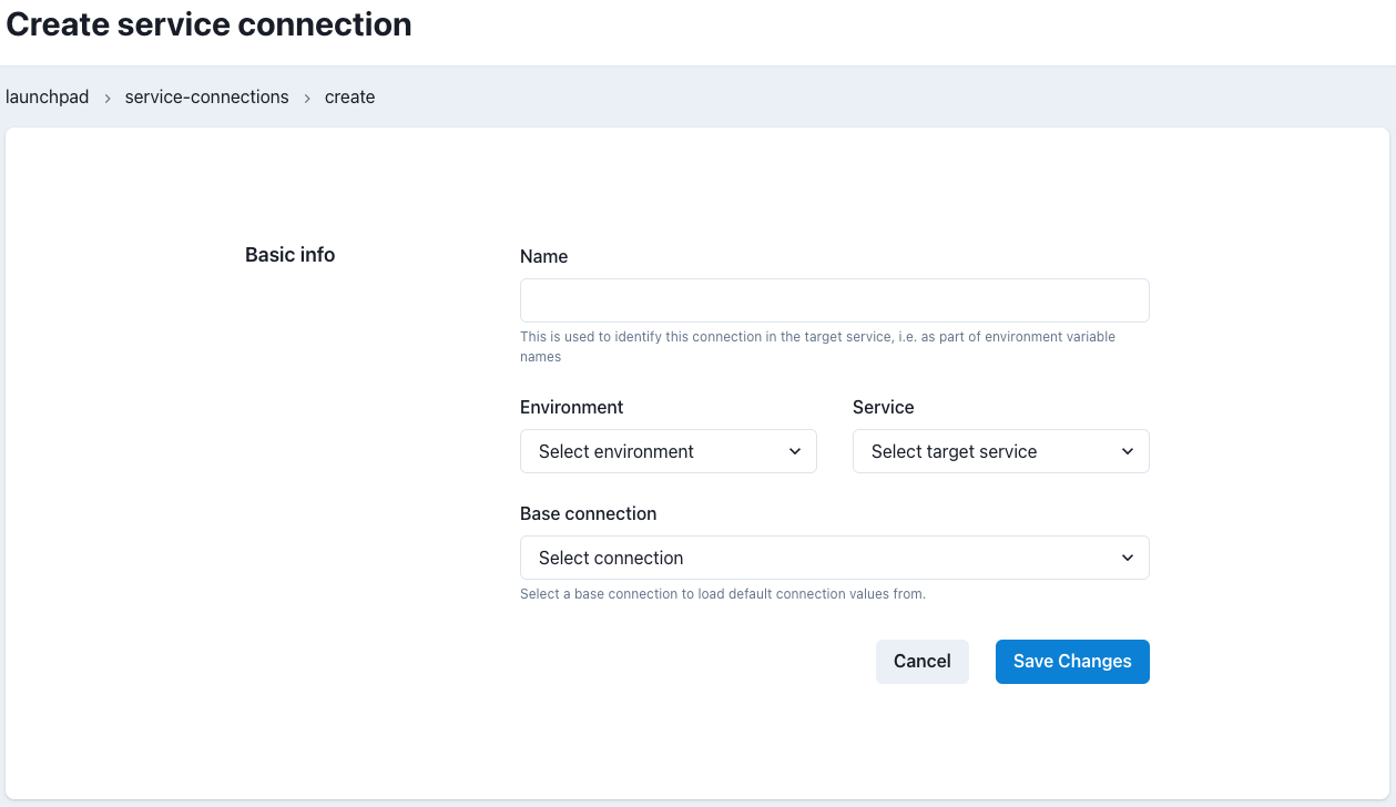 Service Connection Create or Edit Page