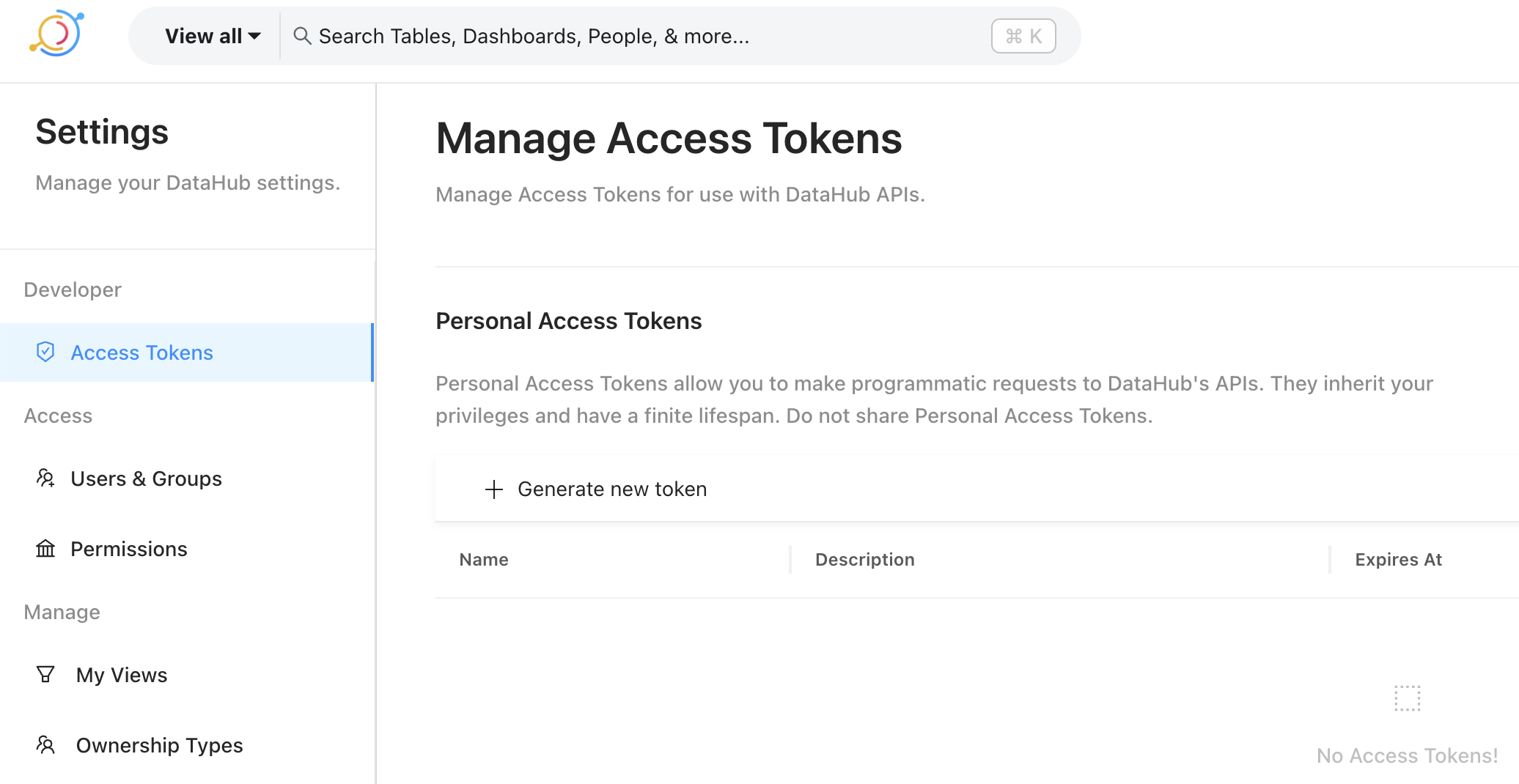 DataHub access tokens