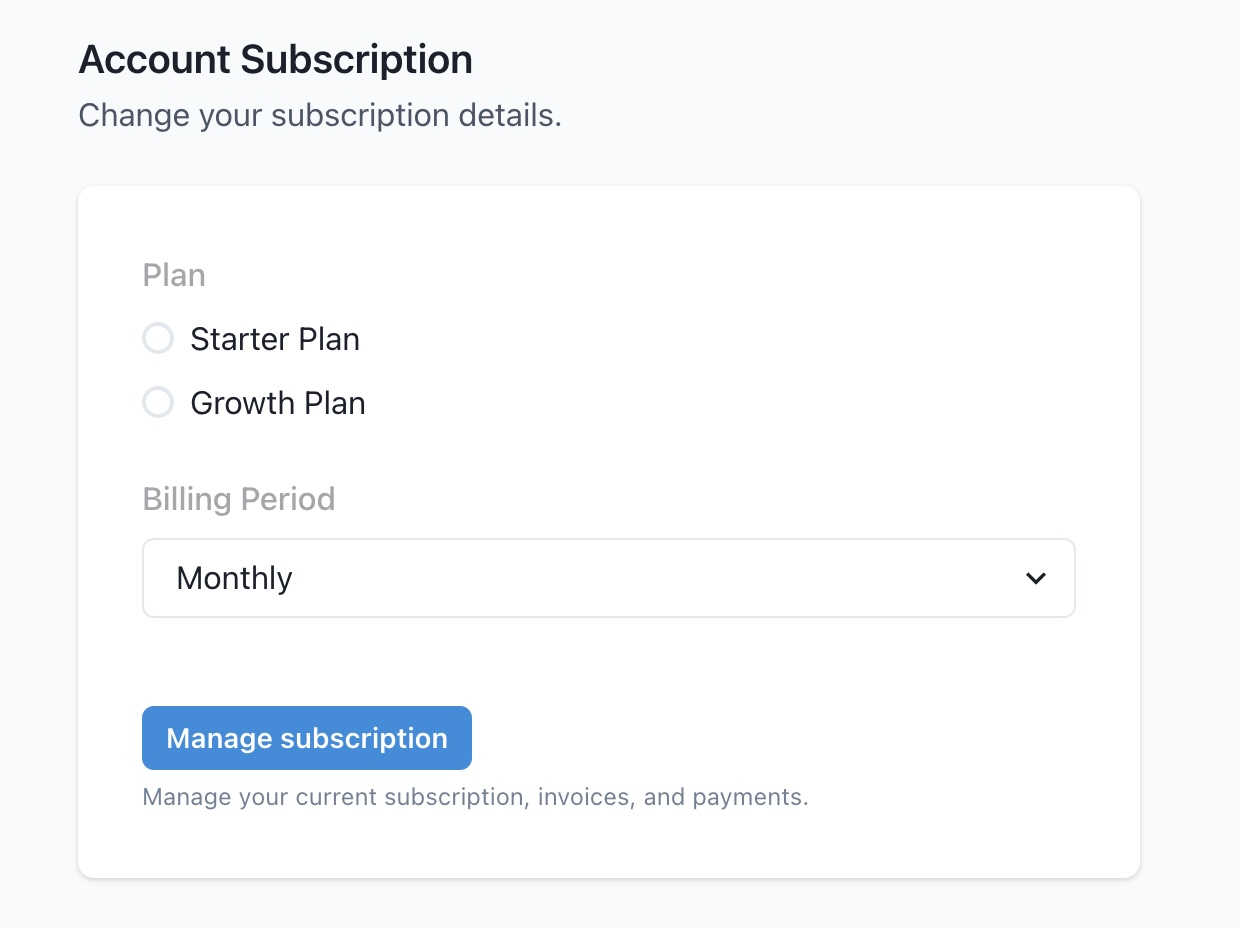 Settings and Billing Subscription
